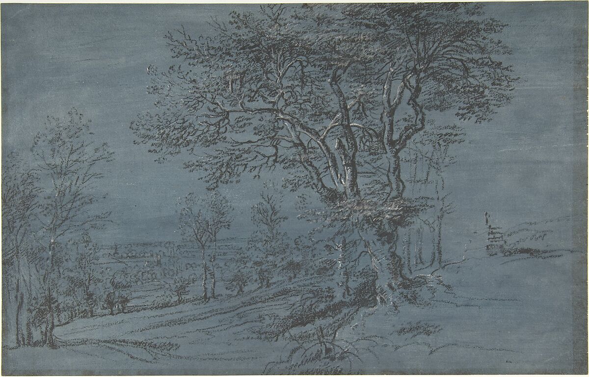 Wooded Landscape with a House by a River, Lucas van Uden (Flemish, Antwerp 1595–1673 Antwerp), Oiled charcoal, heightened with white, on blue prepared paper 