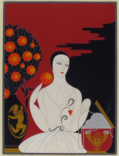 "Mariage d'Amour . . . Mariage de Raison": Cover Design for "Harper's Bazar", Erté (Romain de Tirtoff) (French (born Russia), St. Petersburg 1892–1990 Paris), Gouache and metallic paint