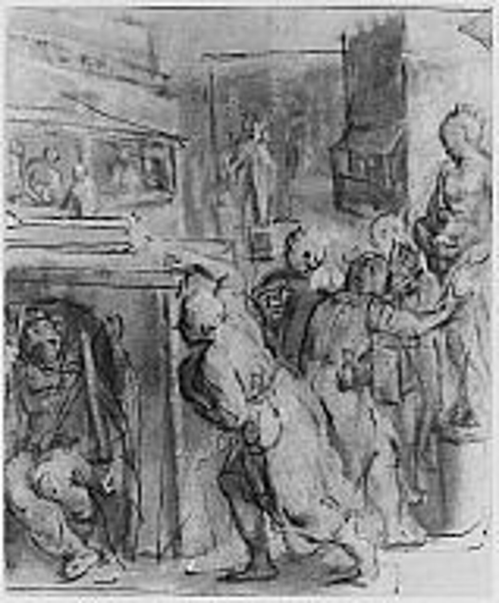 Emblematic Scene, Otto van Veen (Netherlandish, Leiden 1556–1629 Brussels), Pen and brush and brown ink, yellowish oil paint, on papel brown tinted paper