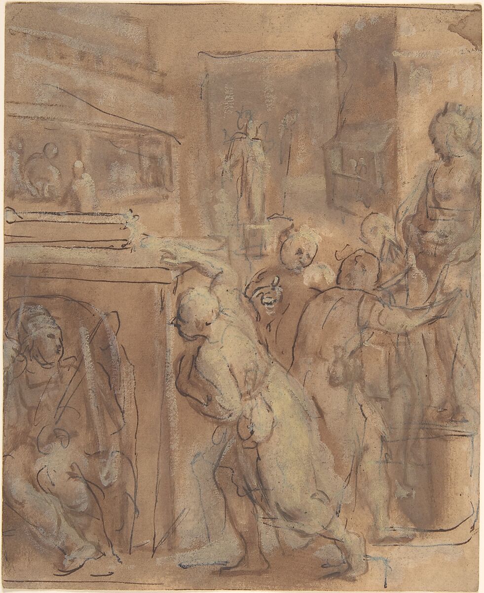 Emblematic Scene, Otto van Veen (Netherlandish, Leiden 1556–1629 Brussels), Pen and brush and brown ink, yellowish oil paint, on papel brown tinted paper 