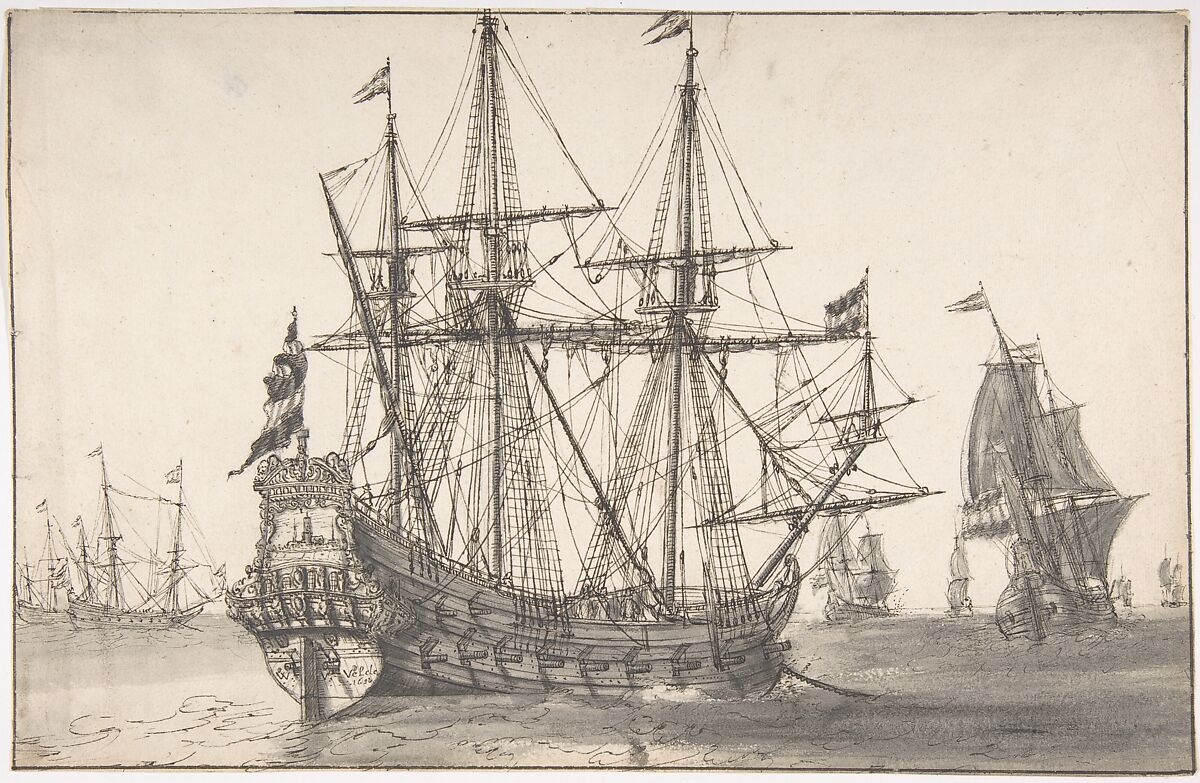 Dutch Men of War at Anchor, Willem van de Velde I (Dutch, Leiden 1611–1693 London), Pen and brown-black ink, brush and gray wash, over traces of black chalk; framing lines in pen and brown-black ink 