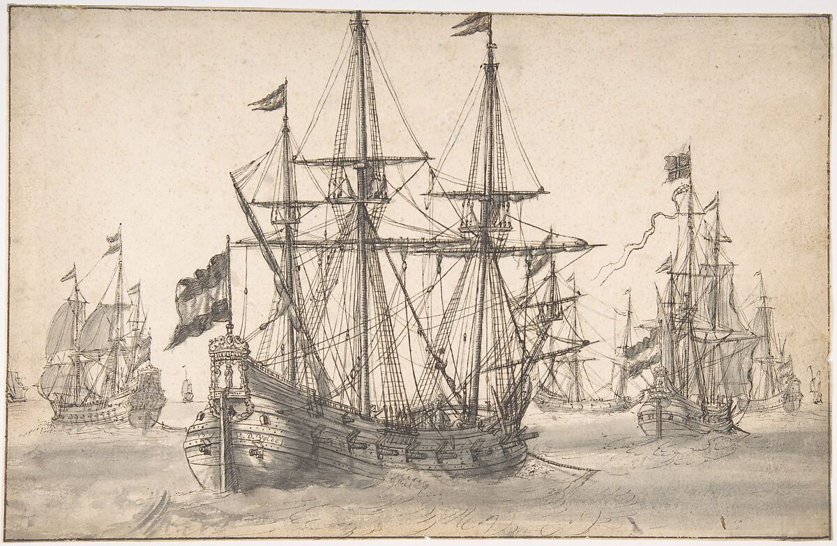 Dutch Men of War at Anchor, Willem van de Velde I (Dutch, Leiden 1611–1693 London), Pen and brown ink, brush and brown wash over traces of black chalk on paper; framing line in pen and brown ink 