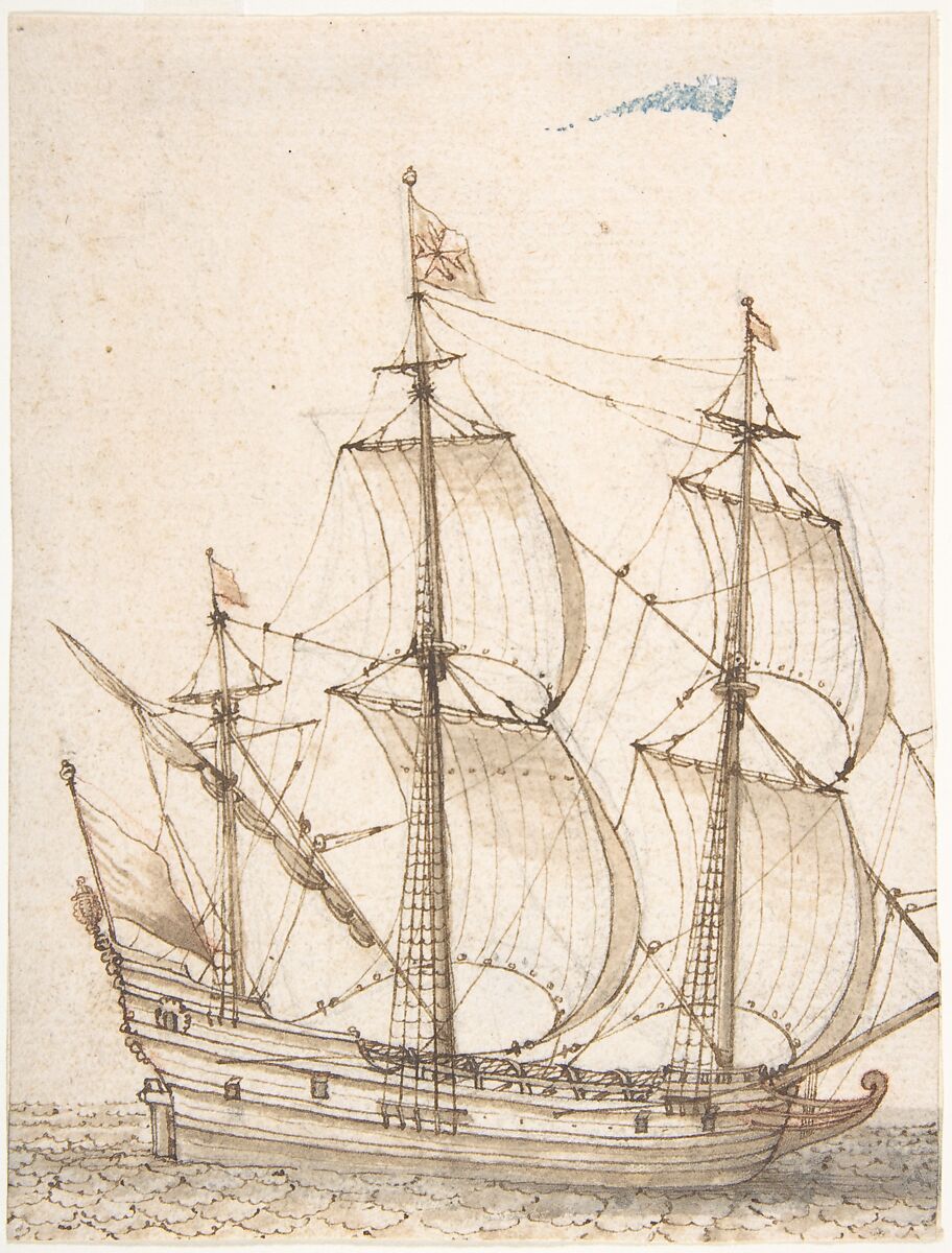 Old Ship Model, Willem van de Velde I (Dutch, Leiden 1611–1693 London), Pen and brown ink, brush and brown wash, over traces of black and red chalk 
