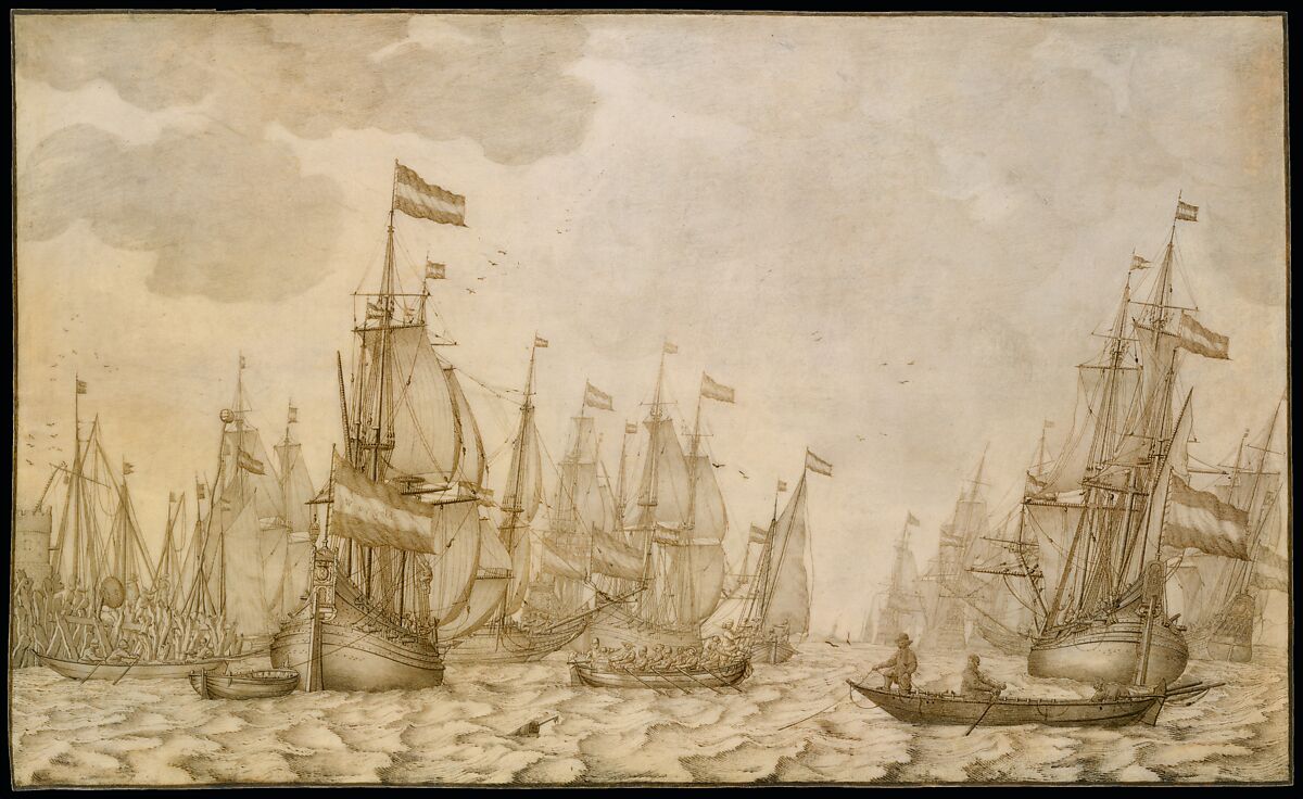 Dutch Ships on a Harbour, Willem van de Velde I (Dutch, Leiden 1611–1693 London), Pen and brown ink, brush and gray wash, on vellum 