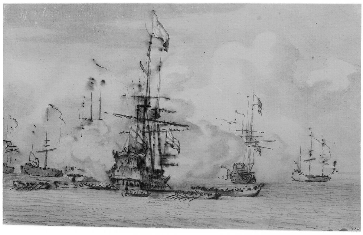 Sea Fight, Willem van de Velde II (Dutch, Leiden 1633–1707 London), Pen and brush and brown and gray ink; traces of a framing line in black chalk