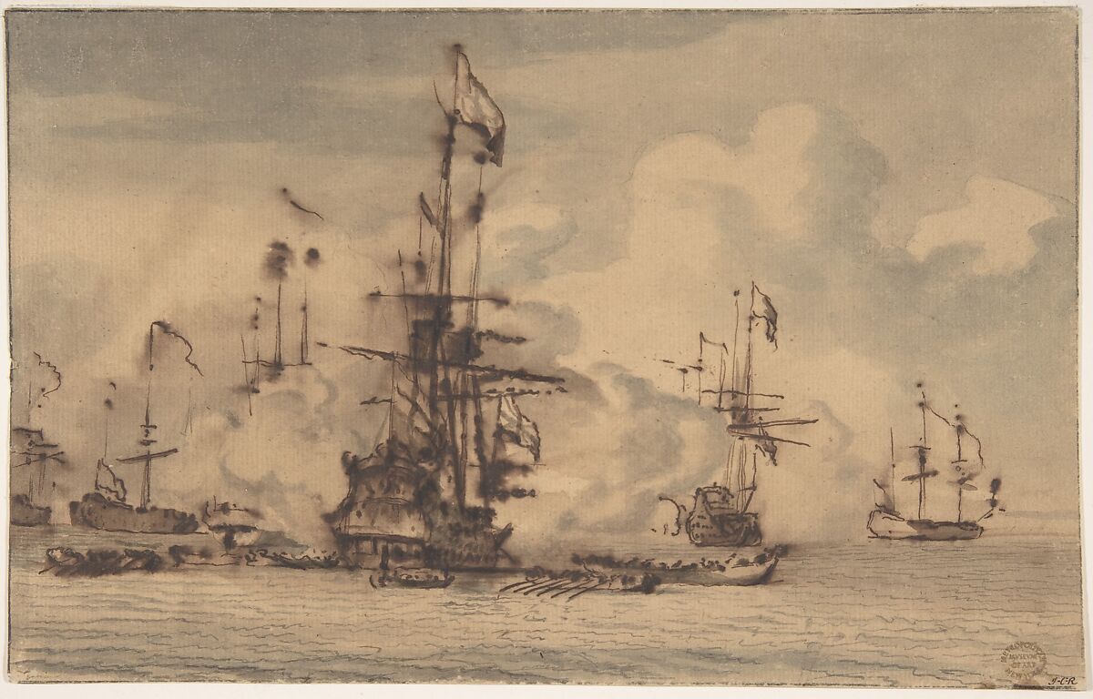 Sea Fight, Willem van de Velde II (Dutch, Leiden 1633–1707 London), Pen and brush and brown and gray ink; traces of a framing line in black chalk 