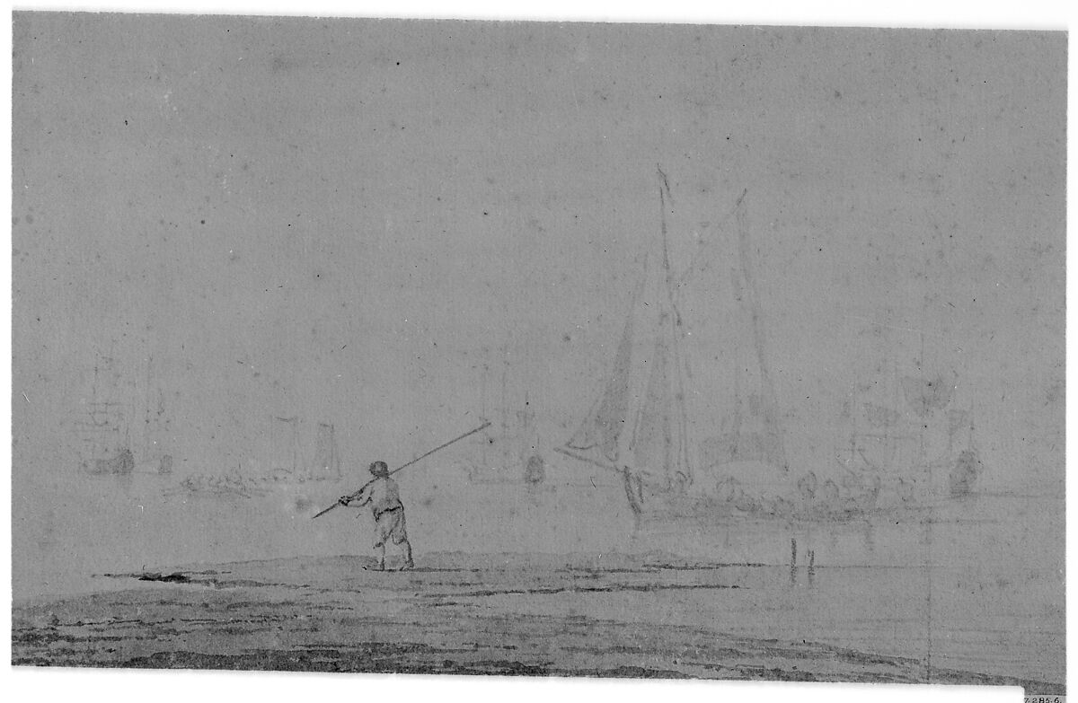 Boats Becalmed, Willem van de Velde II (Dutch, Leiden 1633–1707 London), Brush and gray wash, graphite