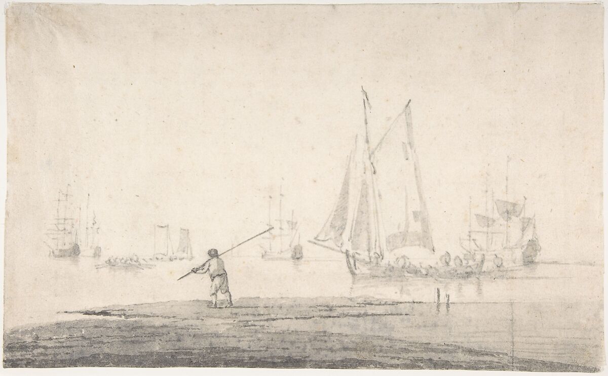 Boats Becalmed, Willem van de Velde II (Dutch, Leiden 1633–1707 London), Brush and gray wash, graphite 