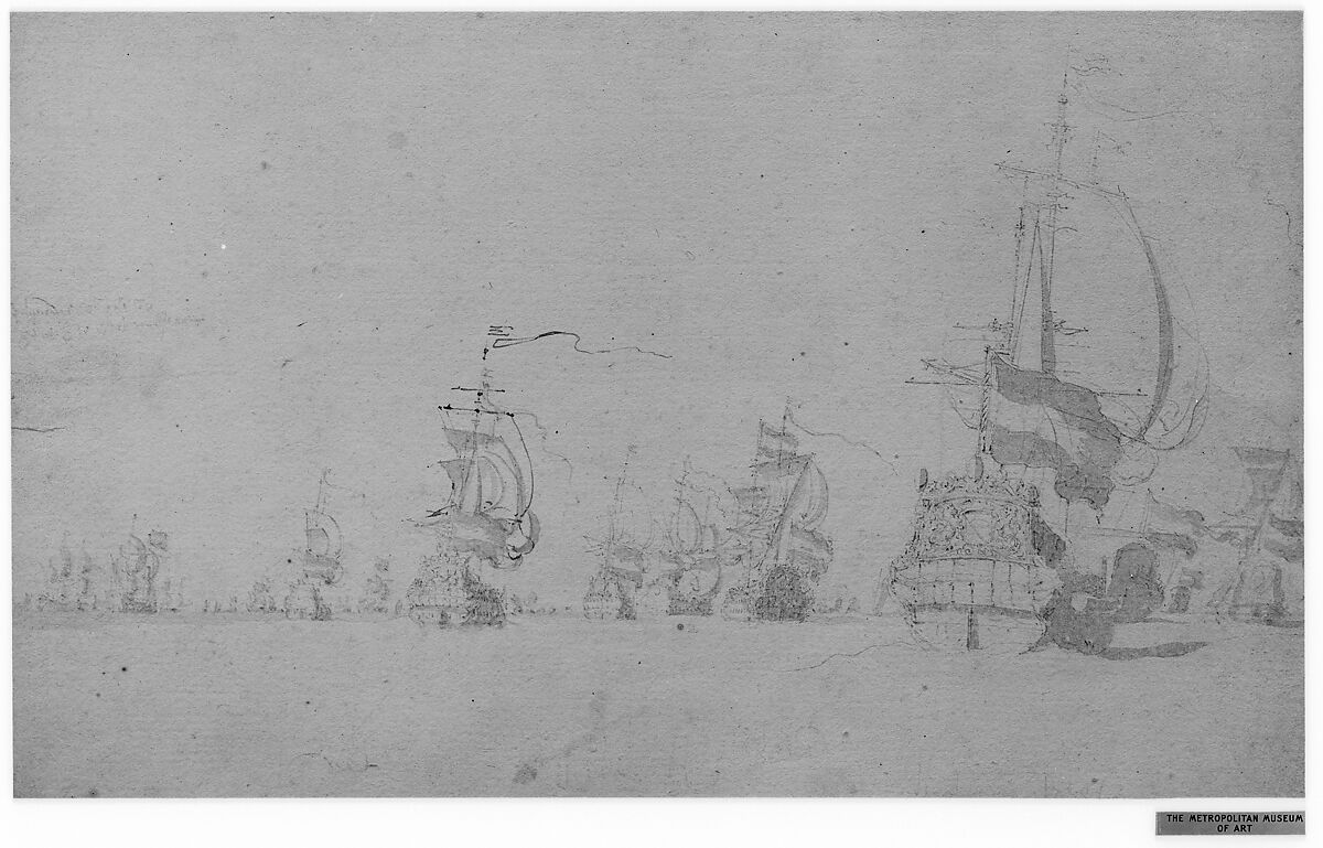 A Fleet, Willem van de Velde II (Dutch, Leiden 1633–1707 London), Black chalk, pen and brown ink, gray wash.