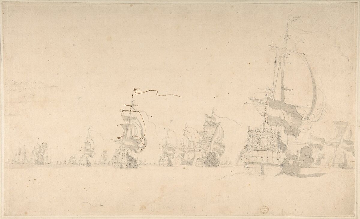 A Fleet, Willem van de Velde II (Dutch, Leiden 1633–1707 London), Black chalk, pen and brown ink, gray wash. 