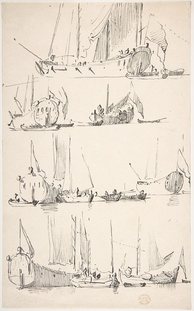 Studies of Ships and Boats, Willem van de Velde II (Dutch, Leiden 1633–1707 London), Pen and black ink 