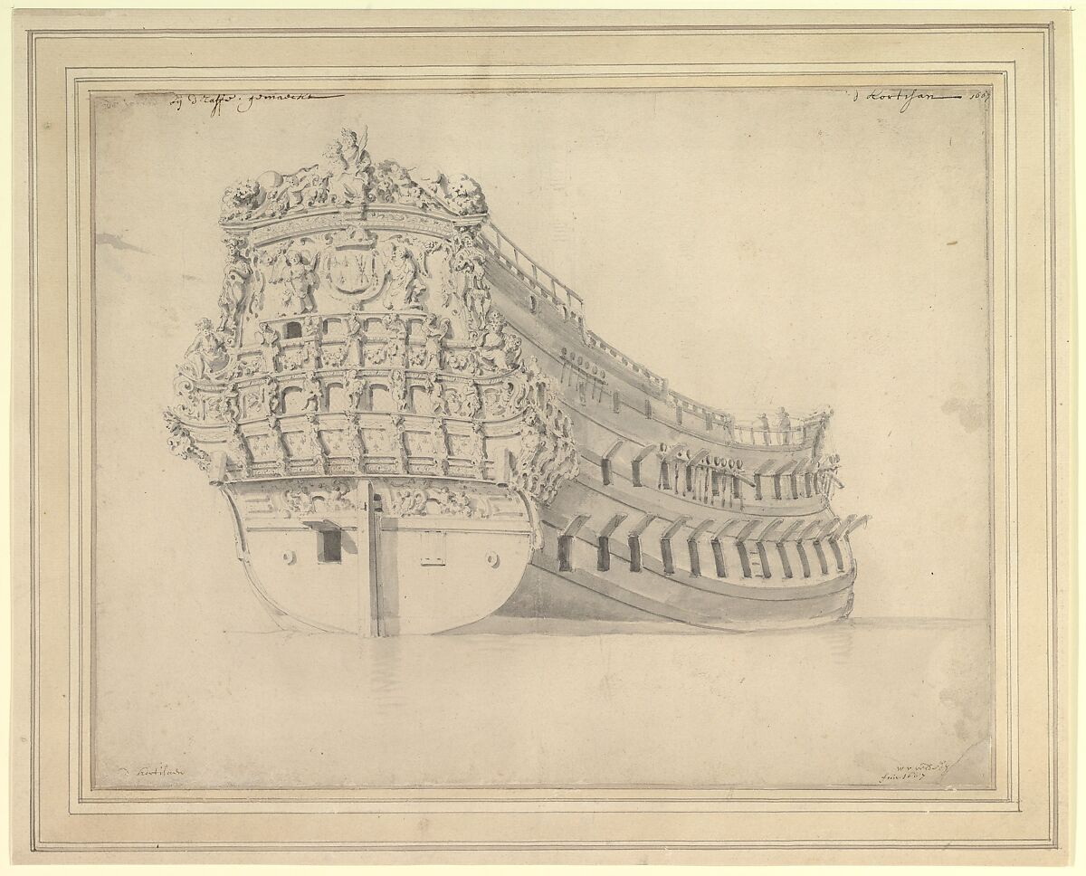 The French Vessel "Courtisan", Willem van de Velde II (Dutch, Leiden 1633–1707 London), Pen and black ink, brush and gray wash over black chalk 