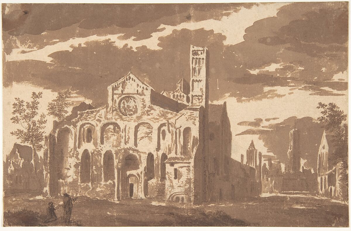 The Mariakerk In Utrecht, Attributed to Jacob van der Ulft (Dutch, Gorkum 1627–1689 Noordwijk), Brush and brown wash, over graphite 