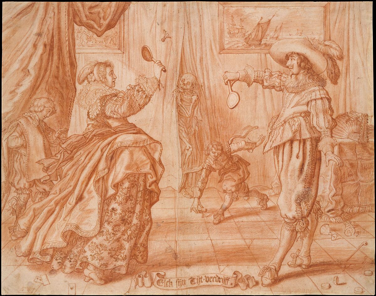 To Each His Own Pastime (Elck Sijn Tijt-Verdrijff), Adriaen van de Venne (Dutch, Delft 1589–1662 The Hague), Red chalk; verso: the design partially traced in red-brown chalk and wash