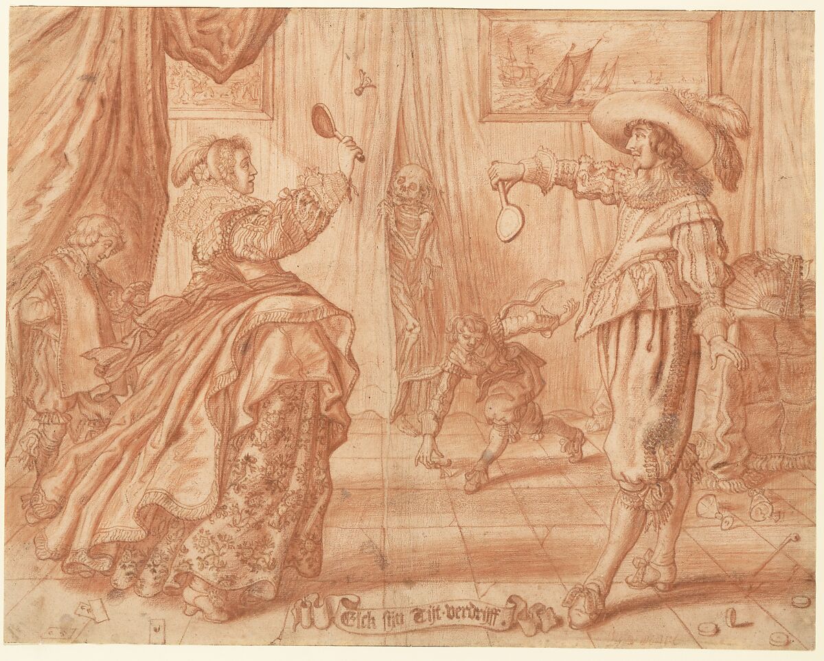 To Each His Own Pastime, "Elck Sijn Tijt-Verdrijff", Adriaen van de Venne (Dutch, Delft 1589–1662 The Hague), Red chalk; verso: the design partially traced in red-brown chalk and wash 