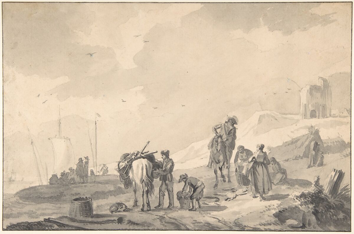 Landscape with Figures, Hendrick Verschuring (Dutch, Gorinchem 1627–1690 near Dordrecht), Gray wash over black chalk 
