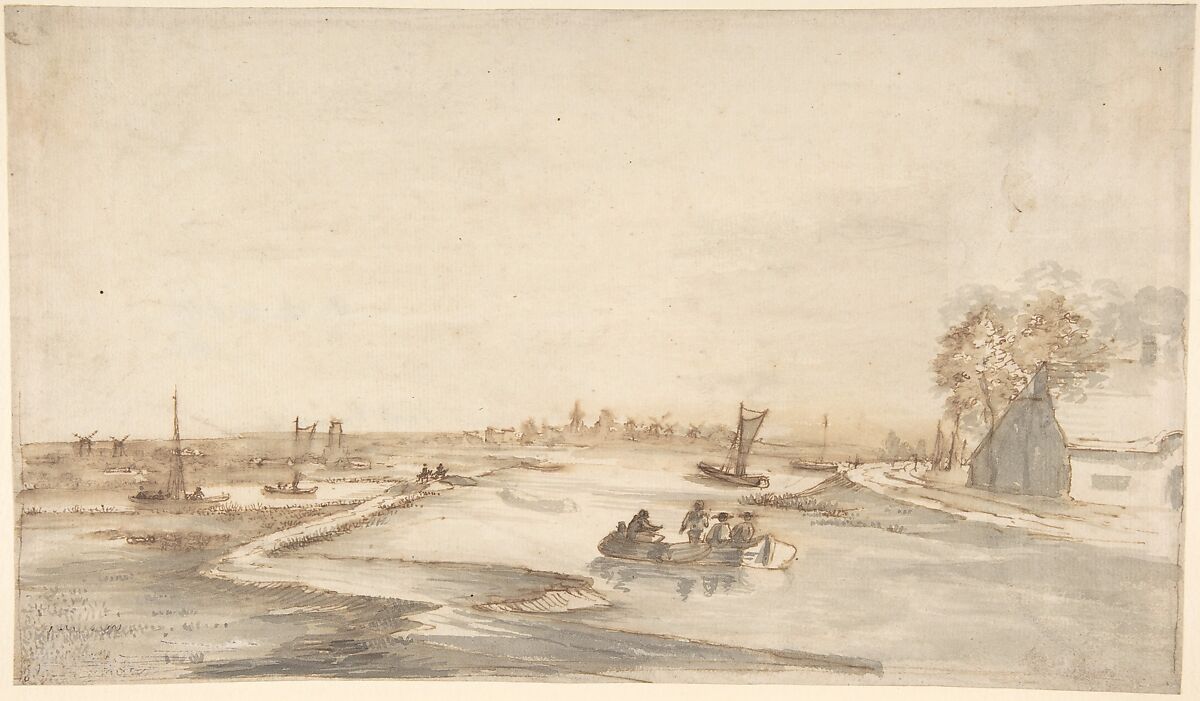 Canal Landscape with Figures, Abraham de Verwer (Dutch, before 1600?–1650 Amsterdam), Pen and brown ink, brown and gray wash. 