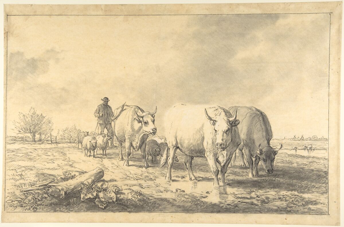 Cows in a Landscape, Eugène-Joseph Verboeckhoven (Belgian, Warneton 1798–1881 Brussels), Black and white chalk on tracing paper 