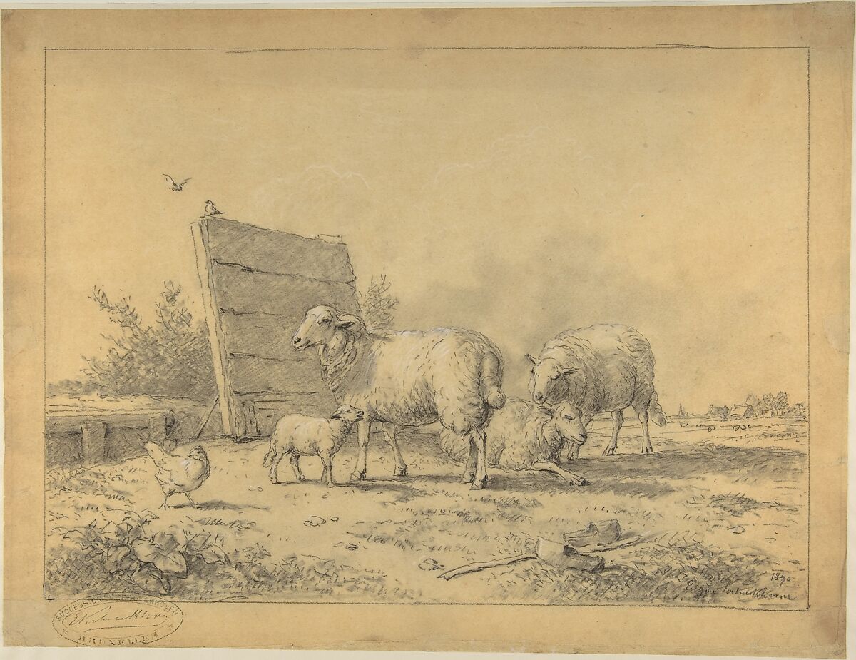 Sheep in a Landscape, Eugène-Joseph Verboeckhoven (Belgian, Warneton 1798–1881 Brussels), Black and white chalk on tracing paper 