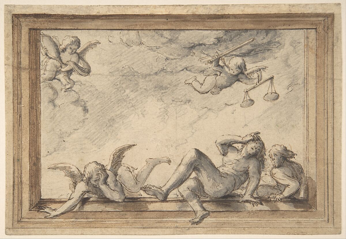 Design for a ceiling with an allegory of Justice, Hendrik-Frans Verbruggen (Flemish, Antwerp 1654–1724 Antwerp), Pen and brown ink, graphite, brush and gray and brown wash 