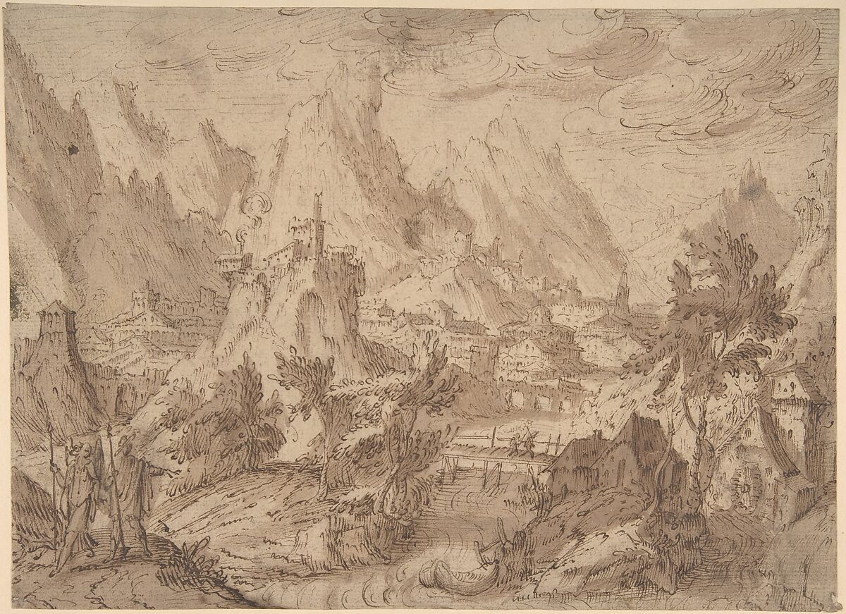 Mountainous Landscape with Tobias and the Angel, Tobias Verhaecht (Netherlandish, Antwerp 1561–1631 Antwerp), Pen and brown ink, brush and brown wash 