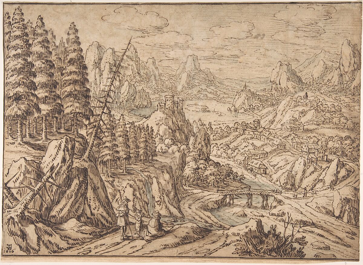 Mountainous Landscape with Travelers on a Road, Tobias Verhaecht (Netherlandish, Antwerp 1561–1631 Antwerp), Pen and brown ink, brown and blue wash, black chalk 