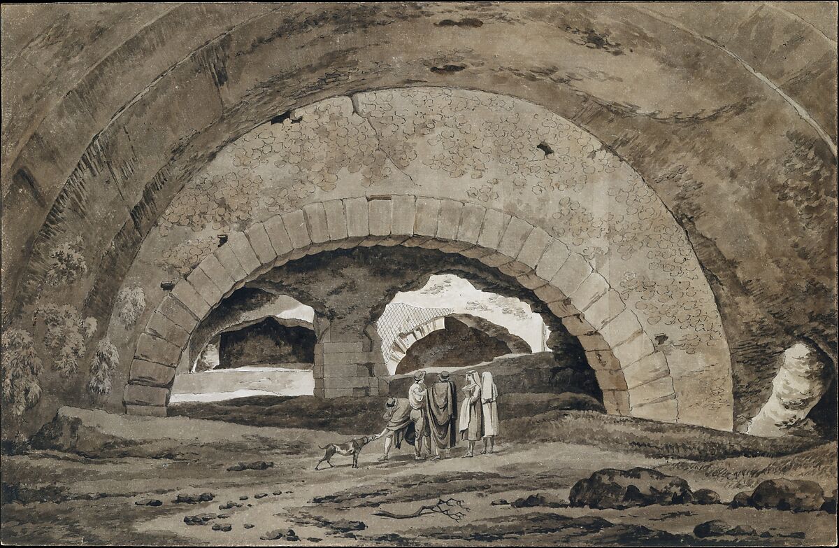 The Interior of the So-called Stables of Maecenas at Tivoli, Hendrik Voogd (Dutch, Amsterdam 1768–1839 Rome), Pen and black ink, brush and light and dark brown wash; framing line in pen and brown ink 