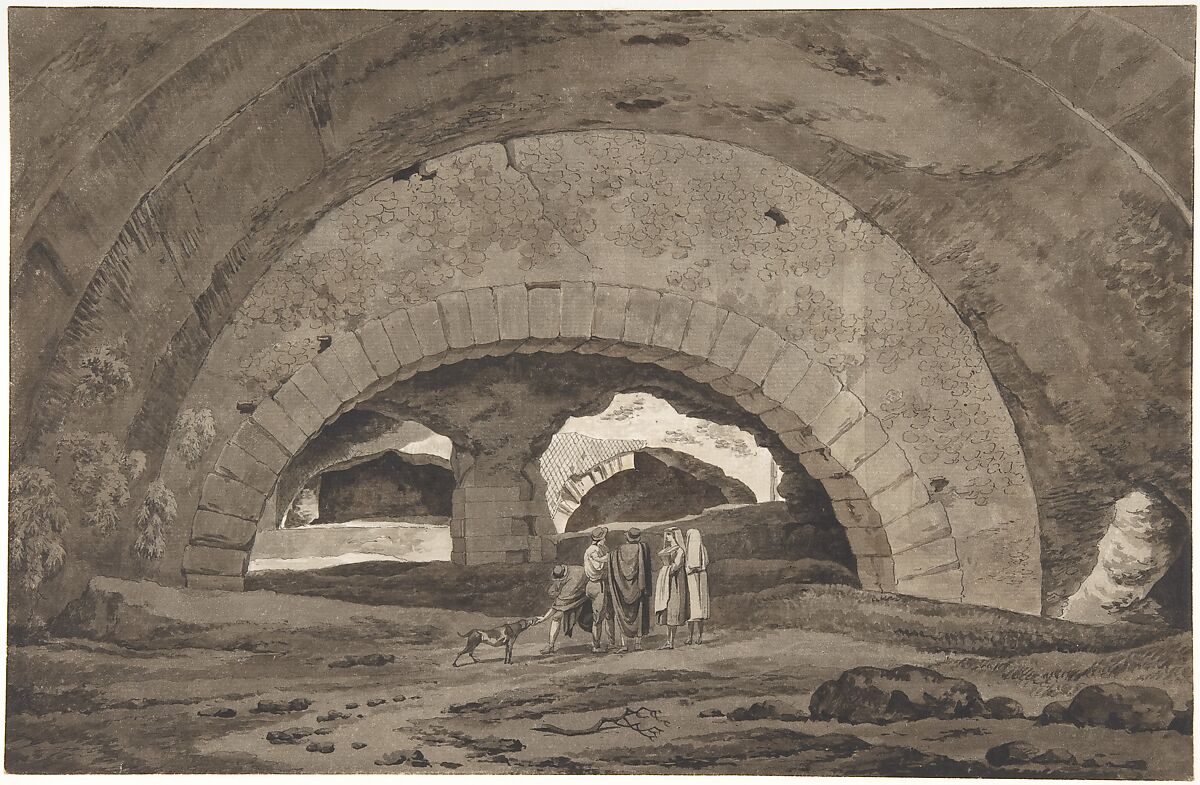 The Interior of the So-called Stables of Maecenas at Tivoli, Hendrik Voogd (Dutch, Amsterdam 1768–1839 Rome), Pen and black ink, brush and light and dark brown wash; framing line in pen and brown ink
