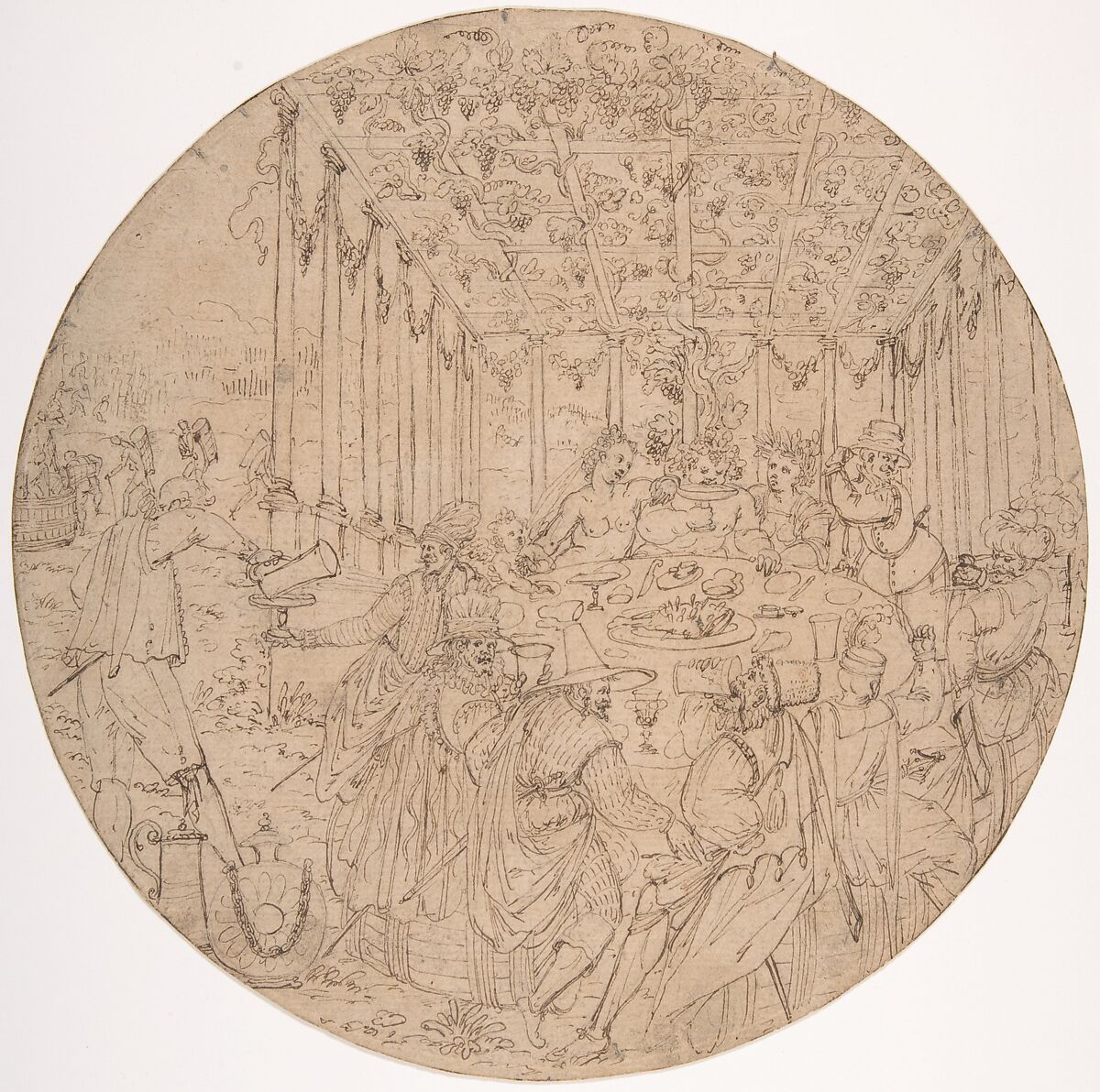 Banquet in an Arbor, Anonymous, Netherlandish, 16th century, Pen and brown ink, graphite. Incised. Verso rubbed in red chalk 