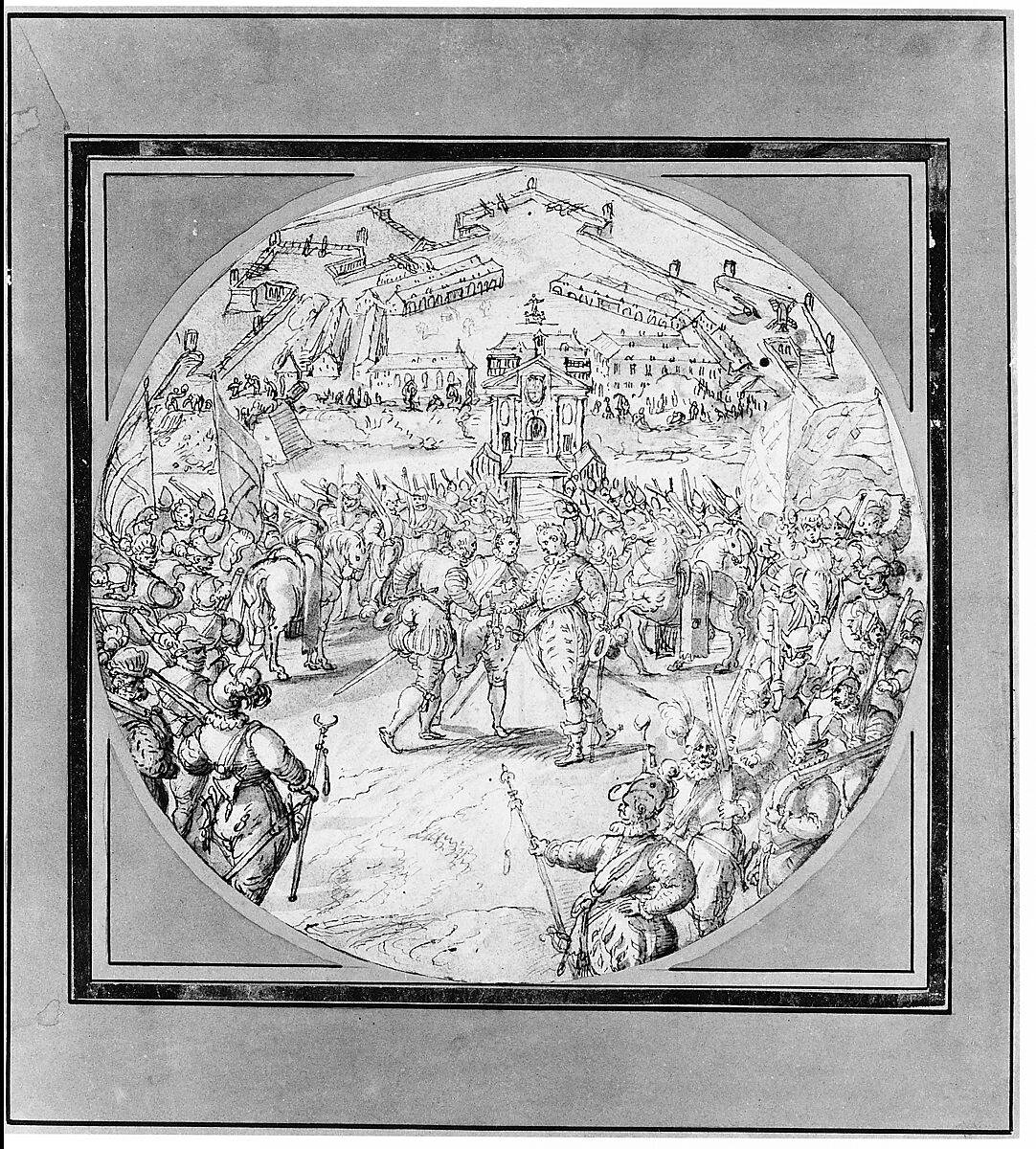 Captain de Bours handing over the Keys to the Citadel of Antwerp to the Estates General, Maerten de Vos (Netherlandish, Antwerp 1532–1603 Antwerp), Pen and brown ink, brush and brown wash, white gouache; incised for transfer