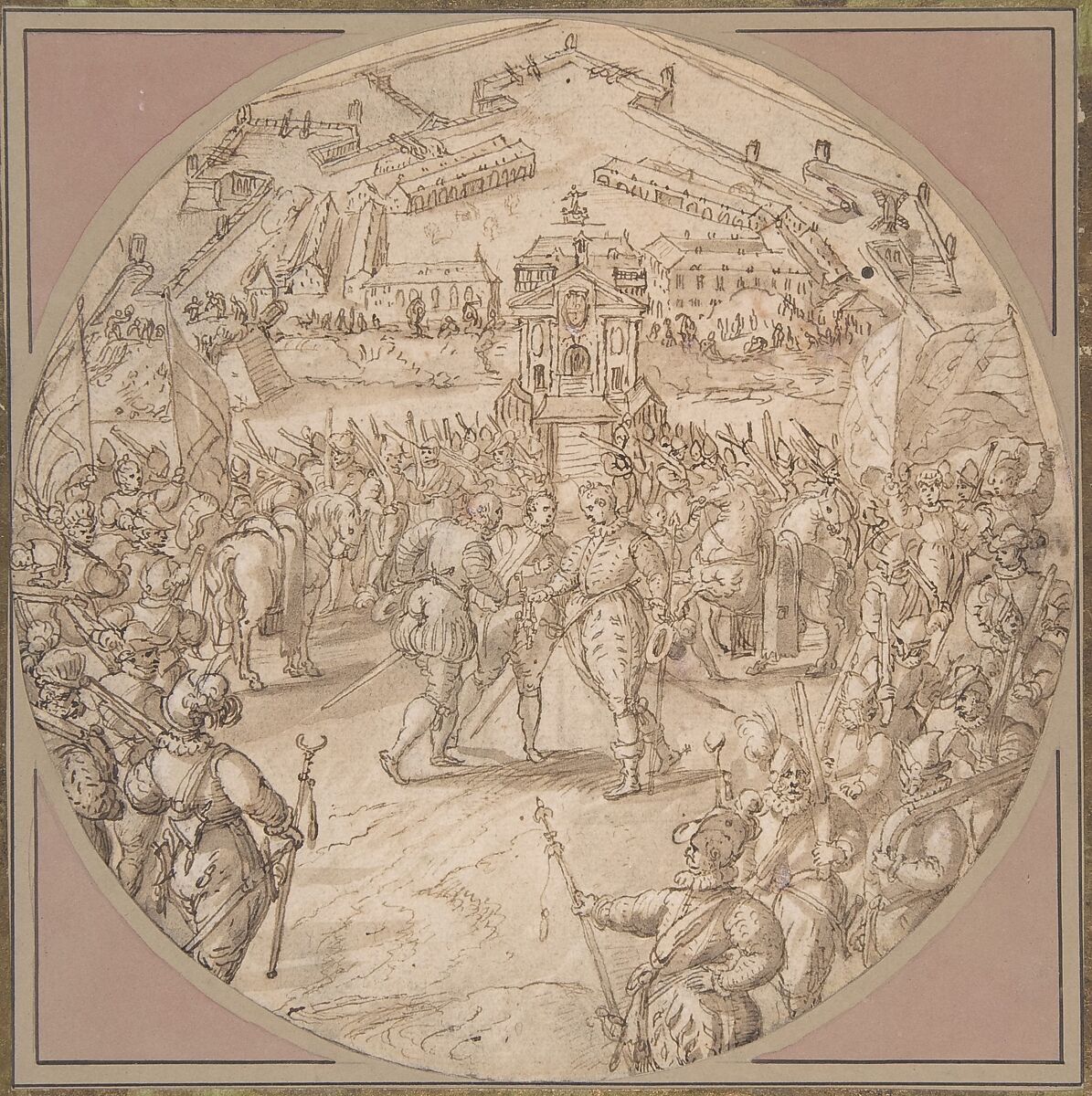Captain de Bours handing over the Keys to the Citadel of Antwerp to the Estates General, Maerten de Vos (Netherlandish, Antwerp 1532–1603 Antwerp), Pen and brown ink, brush and brown wash, white gouache. Incised for transfer 