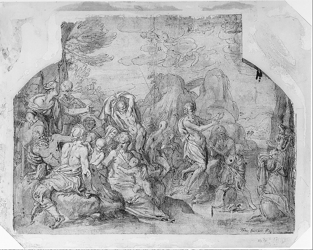 Baptism of Christ, Maerten de Vos (Netherlandish, Antwerp 1532–1603 Antwerp), Pen and brown ink, brush and brown wash, heightened with white, over black chalk