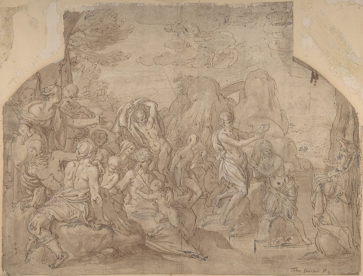 Baptism of Christ, Maerten de Vos (Netherlandish, Antwerp 1532–1603 Antwerp), Pen and brown ink, brush and brown wash, heightened with white, over traces of black chalk 
