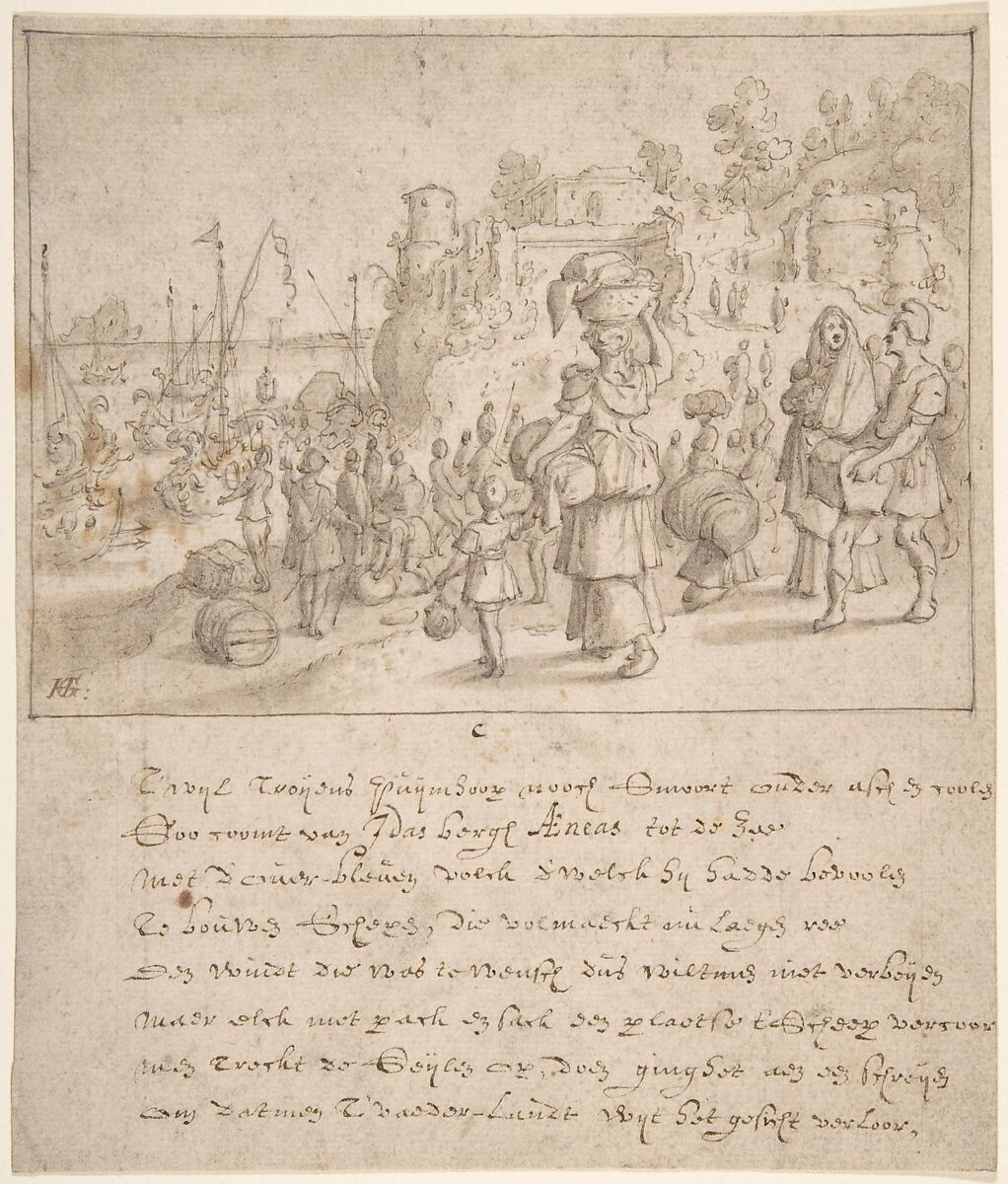 Leaving Troy, Sebastiaen Vrancx (Netherlandish, Antwerp 1573–1647 Antwerp), Pen and brown ink, brush and brown wash, over graphite. Vertical lines in red chalk 