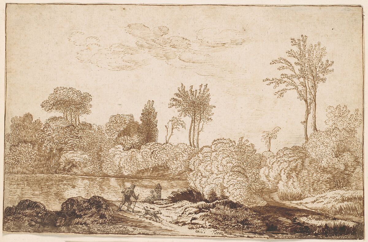River Landscape with Traveler, Cornelis Vroom (Dutch, Haarlem 1591–1661 Haarlem), Pen and brown ink, touches of brush and brown wash; framing lines in pen and brown ink 