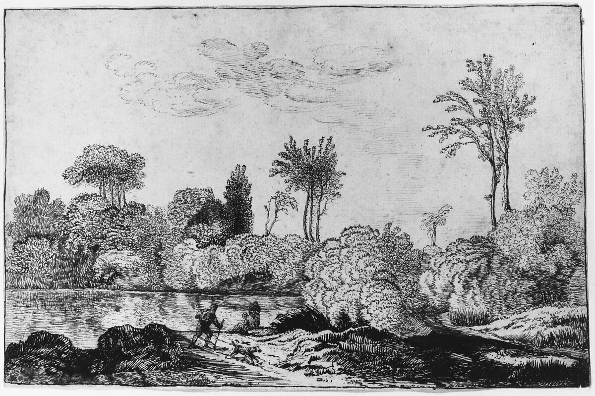 River Landscape with Traveler, Cornelis Vroom (Dutch, Haarlem 1591–1661 Haarlem), Pen and brown ink, touches of brush and brown wash; framing lines in pen and brown ink
