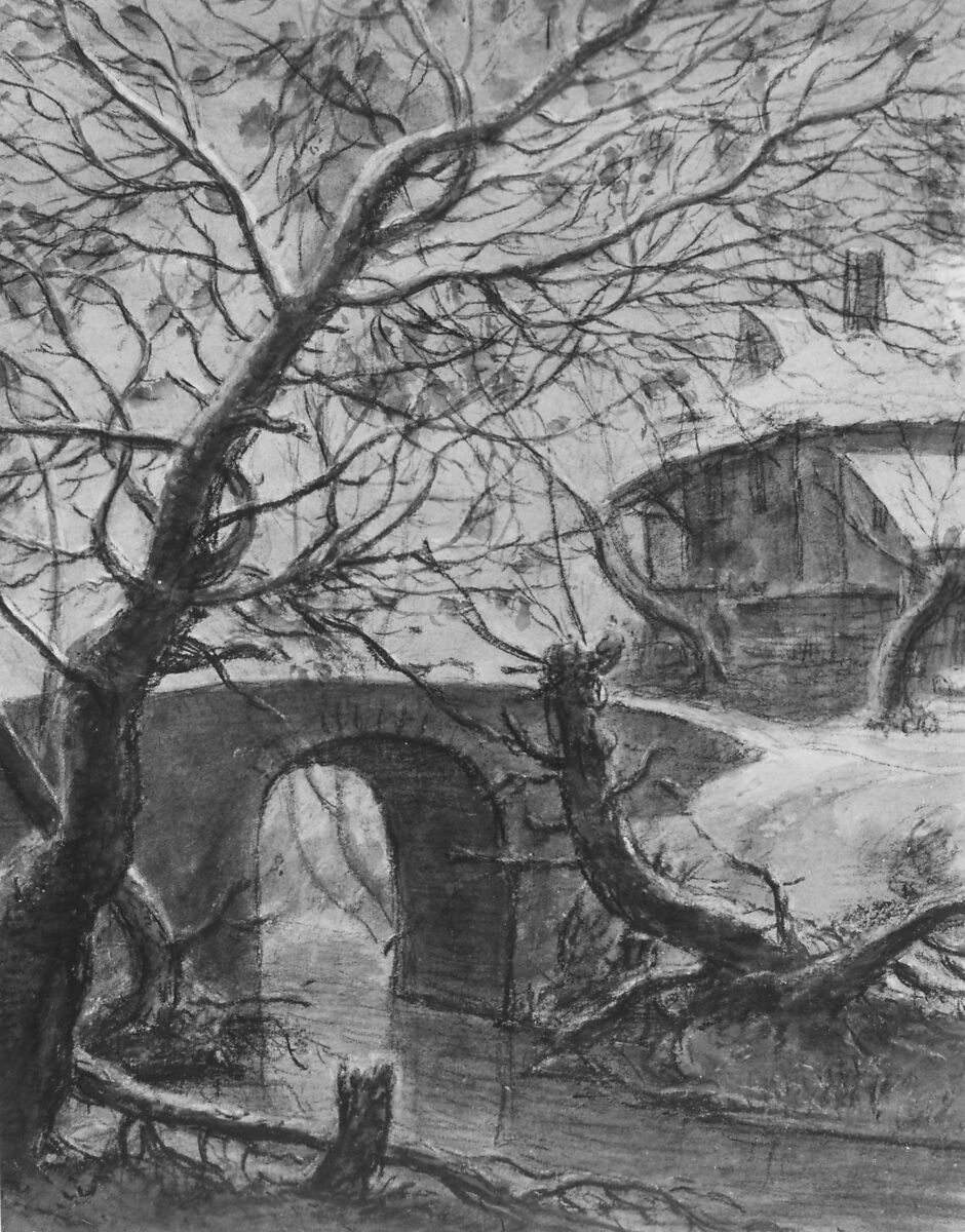 A House near a Bridge, Anthonie Waterloo (Dutch, Lille 1609–1690 Utrecht), Charcoal, white chalk and watercolor