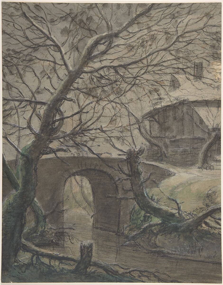 A House near a Bridge, Anthonie Waterloo (Dutch, Lille 1609–1690 Utrecht), charcoal, white chalk and watercolor on gray paper 