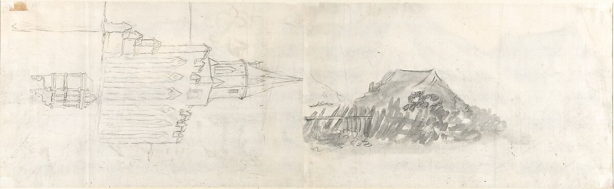 Landscape with a Mill (recto); A Steepled Façade and Farm House (verso), Anthonie Waterloo (Dutch, Lille 1609–1690 Utrecht), Black chalk, brush and gray wash (recto); black chalk and brush and gray wash (verso); traces of framing lines in black chalk