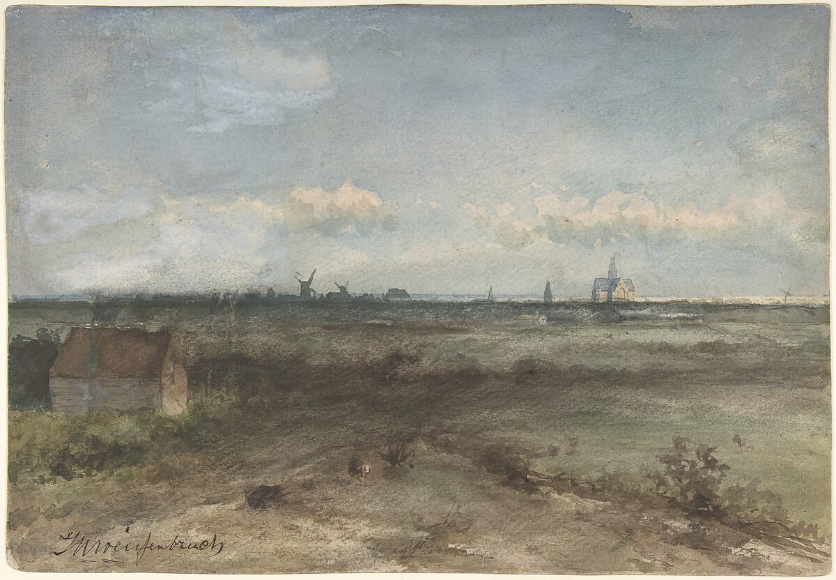 View of Haarlem from the Dunes, Jan Hendrik Weissenbruch (Dutch, The Hague 1824–1903 The Hague), Watercolor 