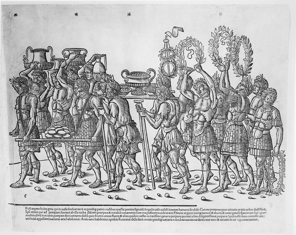 Figures bearing trophies and and carrying wreaths, from "The Triumph of Caesar", Jacob of Strasbourg (Italian School, born Alsace, active Venice, 1494–1530), Woodcut