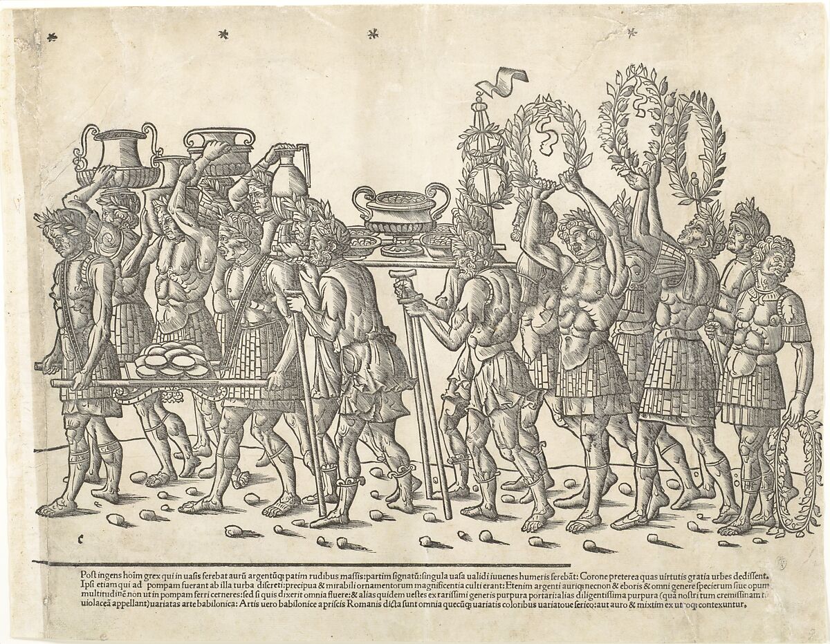 Figures bearing trophies and and carrying wreaths, from "The Triumph of Caesar", Jacob of Strasbourg (Italian School, born Alsace, active Venice, 1494–1530), Woodcut 