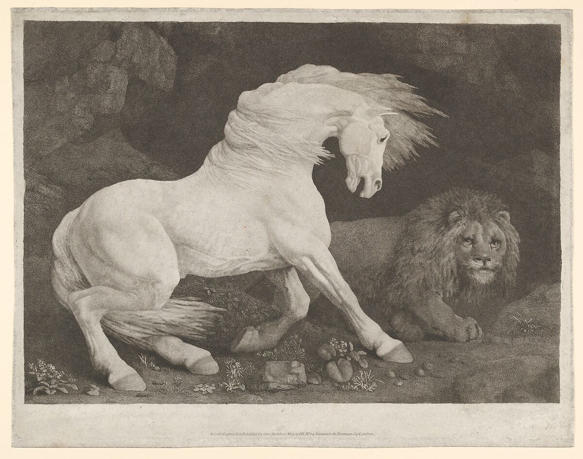 A Horse Affrighted at a Lion, George Stubbs (British, Liverpool 1724–1806 London), Etching with roulette work; third state of three 