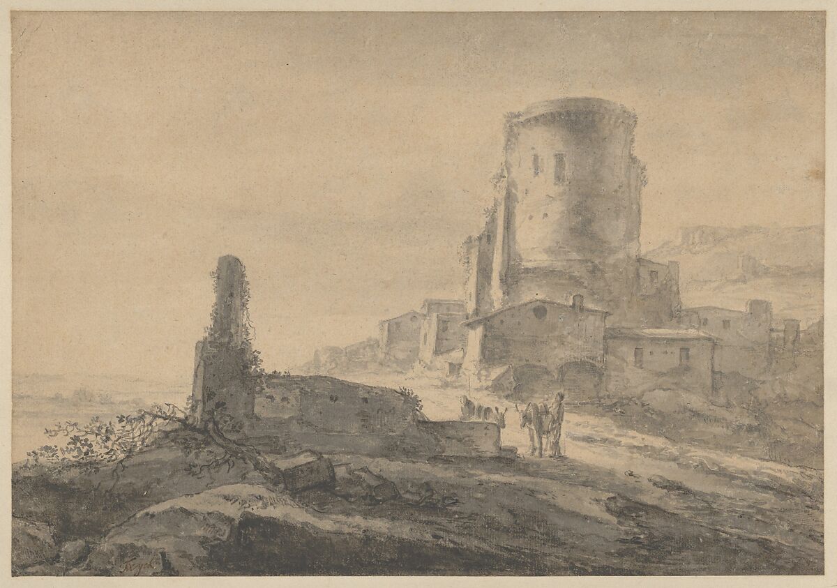 Landscape with a Tower, Thomas Wijck (Dutch, Beverwijck, near Haarlem 1616?–1677 Haarlem), Brush and gray wash