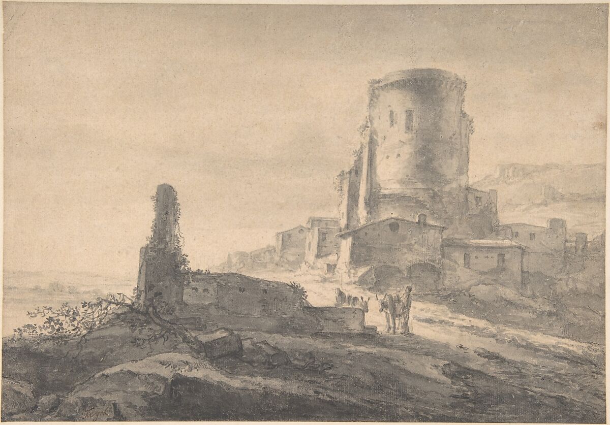 Landscape with a Tower, Thomas Wijck (Dutch, Beverwijck, near Haarlem 1616?–1677 Haarlem), Brush and gray wash 