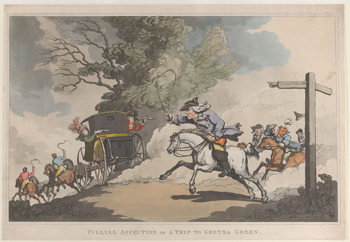 Filial Affection, or a Trip to Gretna Green, Thomas Rowlandson (British, London 1757–1827 London), Hand-colored etching with aquatint