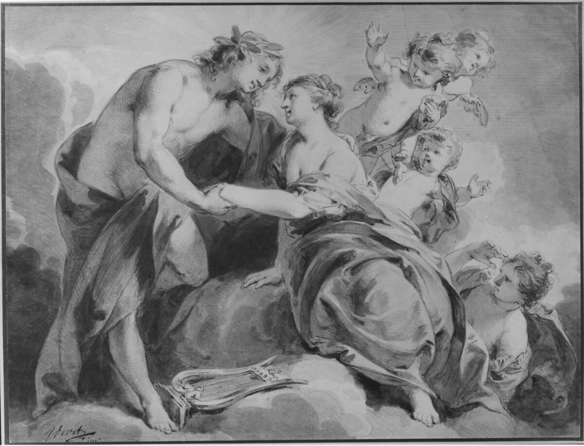 Apollo and Thetis, Jacob de Wit (Dutch, Amsterdam 1695–1754 Amsterdam), Red, brown and gray wash over a red chalk counter-proof