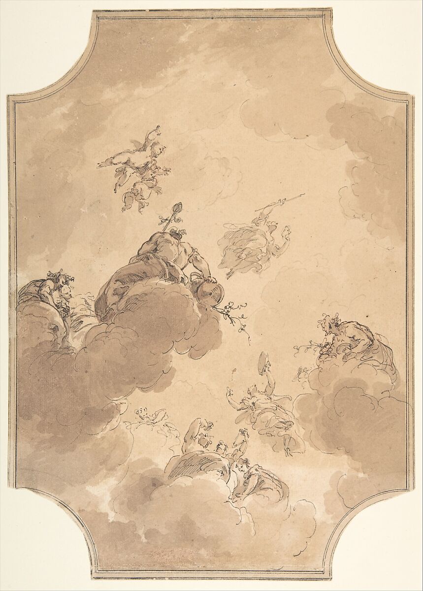 Ceiling Design, Jacob de Wit (Dutch, Amsterdam 1695–1754 Amsterdam), Pen and brown ink, brush and brown wash, over traces of red chalk; two double framing lines in pen and black ink 