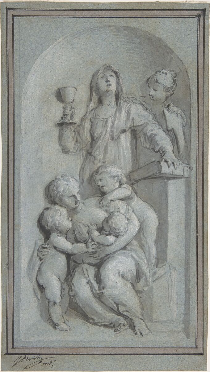 Allegorical Figures of Faith, Hope and Charity in a Niche, Jacob de Wit (Dutch, Amsterdam 1695–1754 Amsterdam), Pen and black ink, brush and gray wash heightened with white on blue paper. Quadruple framing line in pen and black ink with red wash. 