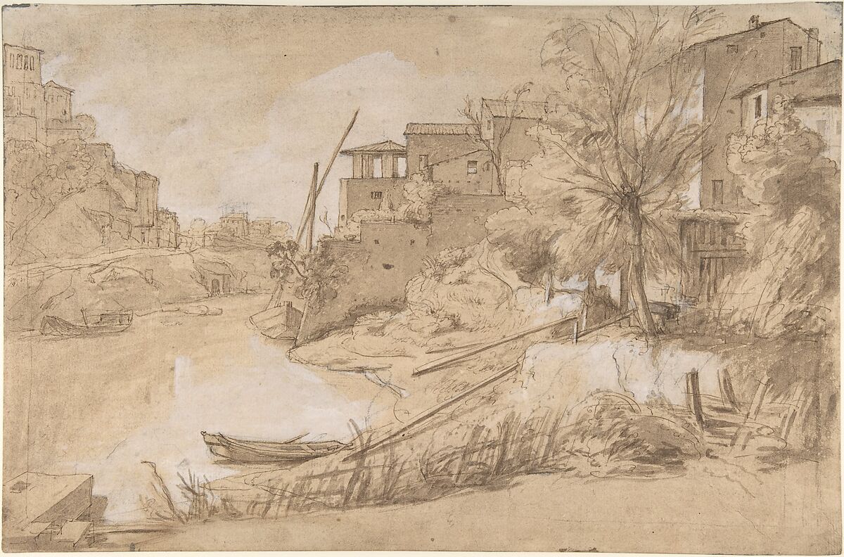River View in Italy, Gaspar Adriaensz. van Wittel (Dutch, Amersfoort 1652 or 1653–1736 Rome), Pen and brown ink, brush and brown wash, heightened with white over traces of black chalk 